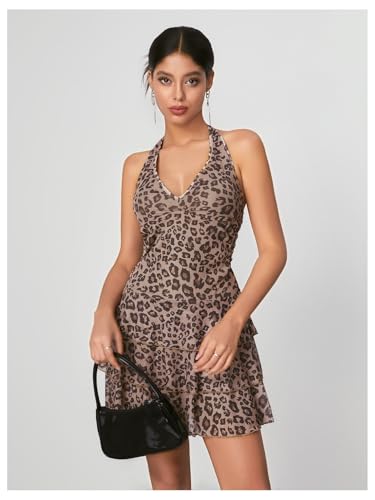 WDIRARA Women's Y2k Leopard Print Halter Dress Tie Backless Layered Ruffle Hem Mini Dresses Cheetah Mesh Dress2