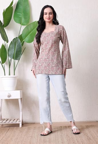 Image of MEERA FAB Women's Floral Printed Cotton Short Top | Daabu Printed Kurta with Full Sleeves | Short Kurti for Women