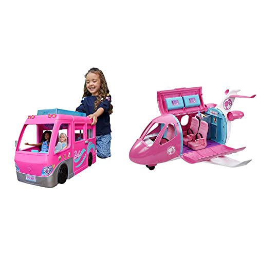 Barbie Camper | DreamCamper Vehicle Playset | 60+ Barbie Accessories and Furniture Pieces​ & Dreamplane Transforming Playset, Reclining Seats, Working Overhead Compartments, 15+ Pieces