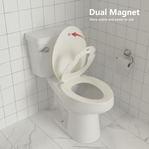 Elongated Toilet Seat with Built-in Toddler Seat for Easy Potty Training – Slow Close Feature,Easy Install and Clean, Perfect for Both Adults and Children,Biscuit