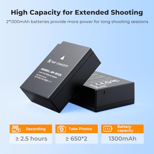 Image of K&F Concept 1300mAh NP-W126 NP-W126S Battery and Charger for Fujifilm XM5, X100VI, X100V, XS10, XT30, XT30 II, XT20, XE4, A5, Dual-Slot Fast Charger, Type-C and Micro-USB Input, 2 Pack Battery