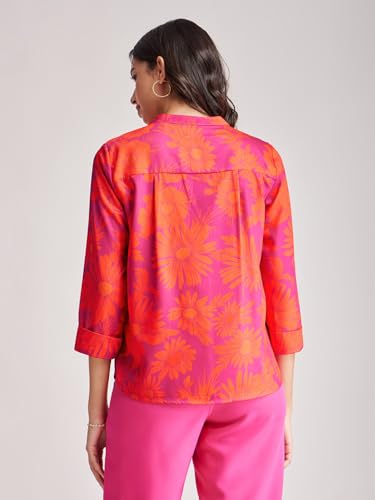 Image of FableStreet Women Shirt Work & Casual | Relaxed Fit Mandarin V-Neck Three-Quarter Sleeves Solid Pattern | Breathable Woven Fabric for Office & Everyday Wear