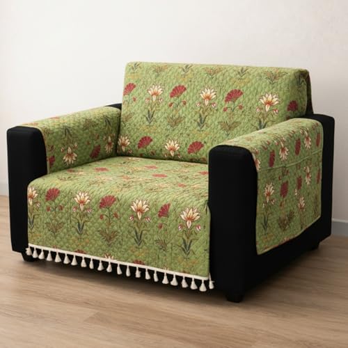 Image of House of Quirk IKATRA Series Quilted Printed Sofa Cover for Indian Sofa Set with Side Pocket - Premium Washable, Anti-Slip, Durable & Ultra Soft Fabric Protector (Green Lotus, One Seater)