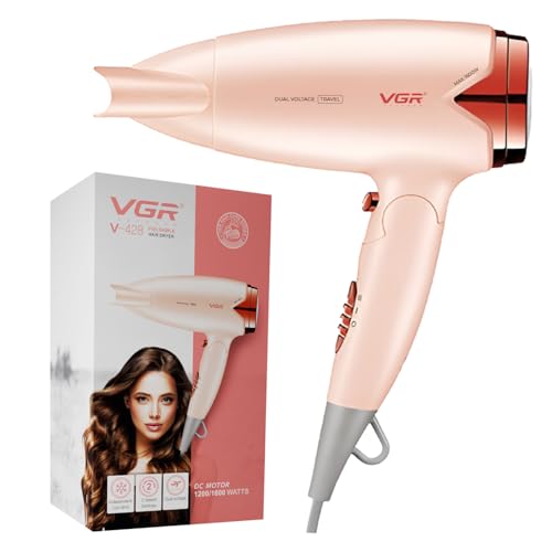 VGR V-428 Foldable Hair Dryer for Men & Women | 1200/1600W DC Motor | Cool Shot Button & 2 Speed Settings | Detachable Rear Cover | Overheat Protection | Hanging Loop (Pink)