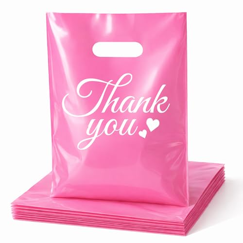 SwiftJoys 100Pcs Pink Thank You Bags with Handles 9x12 Pink Shopping Bags for Small Business Retail Boutique Crafts & Party Favors