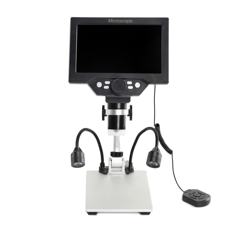 Microscopio digital B1200 de 7 pulgadas, pantalla LCD a color grande de 12 MP 1-1200X, lupa de amplificación continua con soporte de metal y dos luces auxiliares