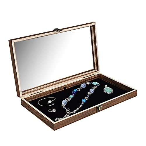 MOOCA Wooden Jewelry Display Case with Tempered Glass Lid and Removable Black Luxurious MDF Velvet Jewelry Display Pad, Pocket Knife Display Case, Eyewear Display Case, Brown Color