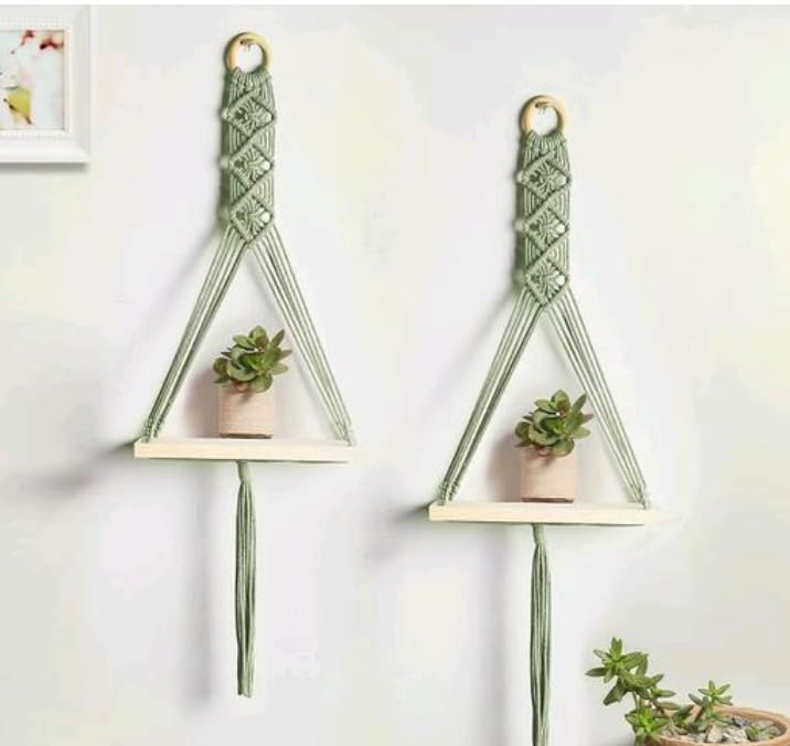Wall Hanging Shelf Chic Decor Wood Floating Boho Shelves with (Green)