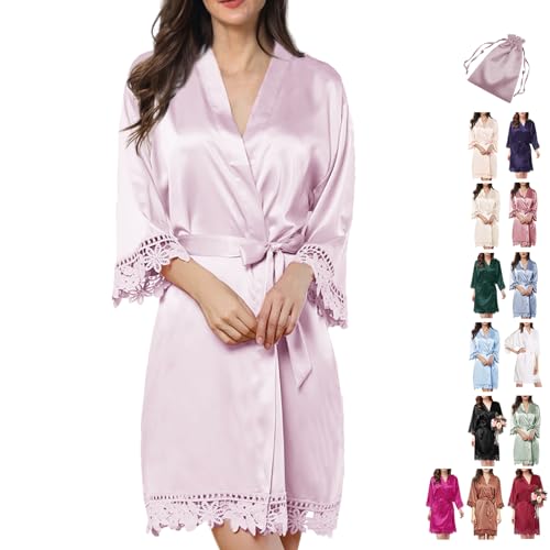 2Pcs Satin Robe Womens Silk Robes Lace Kimonos Bridal Silky Robes for Brides Bridesmaids Wedding Nightgown Bathrobe Sleepwear