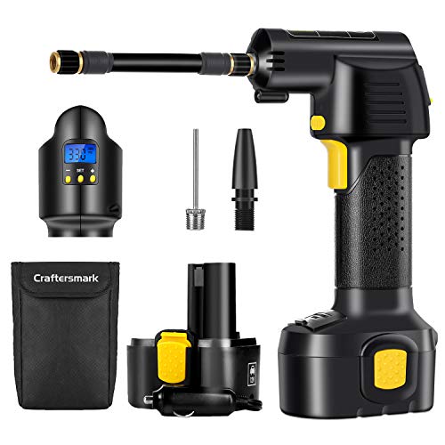 Craftersmark Tire Inflator Air Compressor - 12V Auto Car Tire Pump with Digital Pressure Gauge, 2200mAh Rechargeable Battery, 150PSI with Emergency Light for Cars, Bikes