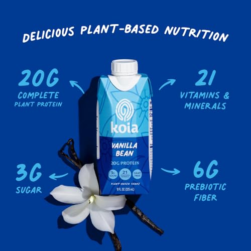 Koia Plant Based Protein Shake, Vanilla Bean, 20g Protein, 3g Sugar, 6g Prebiotic Fiber, 21 Vitamins & Minerals, Meal Replacement Drinks, Dairy-Free, Gluten-Free, Non-GMO, 11 Fl Oz (Pack of 12)