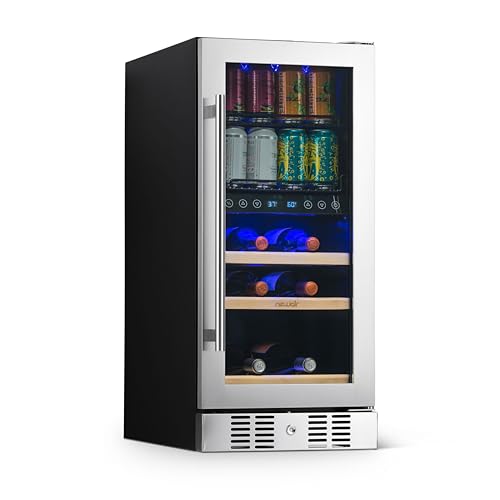 Image of NewAir 15 inch Dual Zone Beverage Refrigerator & Wine Cooler for 9 Bottles & 48 Cans | Freestanding or Built-In Under Counter Mini Fridge for Beer, Wine and Soda | Stainless Steel