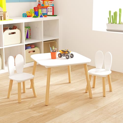Image of Wood Table & Chairs 3 Pieces Set, Boys Girls Activity Table w / 2 Animal Shaped Chairs, Solid Wood Legs, Safe Rounded Corners, Playroom Furniture for Boys & Girls Activity Dining Drawing Craft.