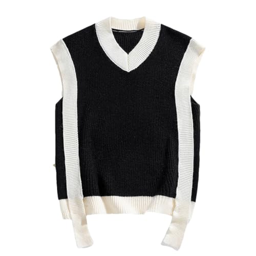 Men’S Korean Fashion Thick V-Neck Knitted Sweater Vest Patchwork Retro Loose Fit Sleeveless Pullover Tank Top