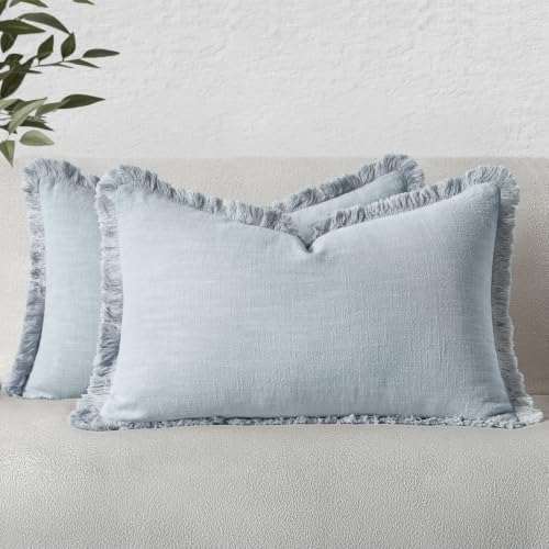 Image of MIULEE Linen Fringe Decorative Lumbar Throw Pillow Covers Sky Blue 12x20