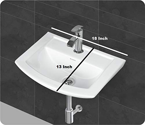 Image of Wash Basin Wall Hung Mounted Glossy Finish White Sink for Bathroom, White 18 x 13 x 6 Inch