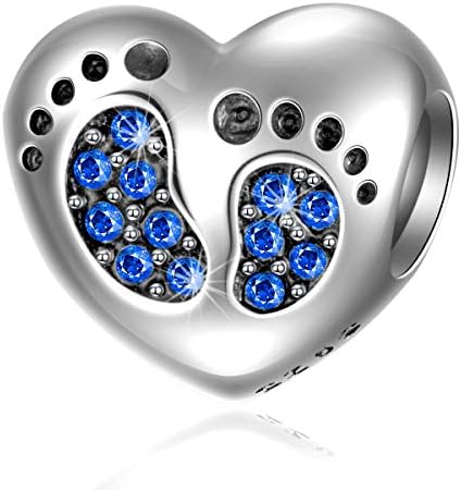 Baby Footprint Heart Charm with September Birthstone Charm for Pandora Mother Day Bracelets - 925 Sterling Silver Mom Love Sapphire Blue Beads, Baby Shower Christmas Gifts for Girls/Boys