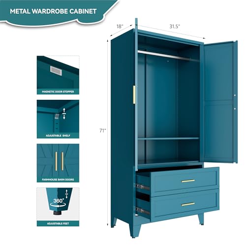 Image of Blue Metal Wardrobe Closet, Armoire Wardrobe with Two Drawers Clothes Cabinet for Bedroom, 71 inch Tall Farmhouse Steel Armoire Closet with Drawers and 2 Doors Clothing Storage Cabinet with Hanging Rod