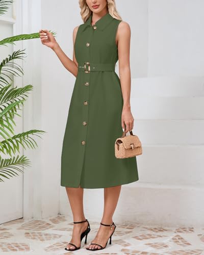 Women's Button Down Shirt Dress Sleeveless Collared A-line Maxi Dress with Belt3