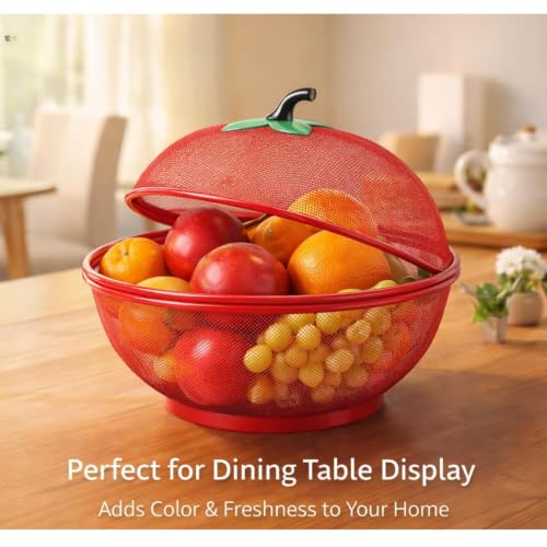 Image of Owlex Apple-Shaped Fruit & Vegetable Basket with Protective Net Mesh Cover | Decorative Kitchen Storage Stand for Dining Table & Countertop | Multipurpose Fruit Organizer | Red, Medium (Pack of 1)