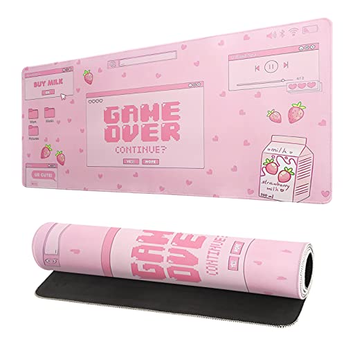 Pink Gaming Mouse Pad 31.5x11.8 Inch Pastel Game Over Large Mousepad Kawaii Office Decor for Women Non-Slip Rubber Base Stitched Edges Keyboard Mouse Mat Desk Pad for Office Home and Game