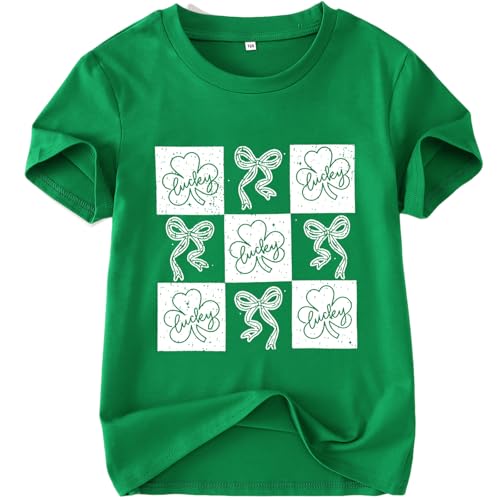 Image of Kid Girls St. Patricks Day Shirts Bow Lucky T-Shirt Shamrock Tees Clover Short Sleeve Tops Irish Outfits 7-12 Years