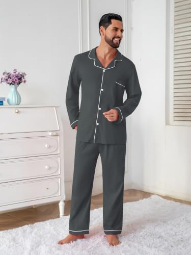 Image of QZH.DUAO Mens Pajama Set 100% Cotton Long Sleeve Button Down PJs