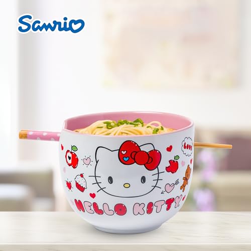 Image of Silver Buffalo Sanrio Hello Kitty Apples and Hearts Doodles Ceramic Ramen Noodle Rice Bowl with Chopsticks, Microwave Safe, 20 Ounces