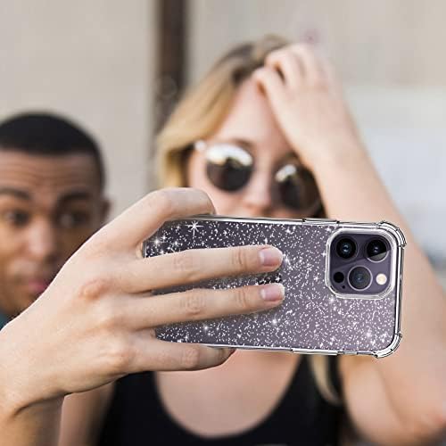 FLLAO Clear Glitter Case Compatible with iPhone 14 Pro Max Case with 2 Pack Tempered Glass Screen Protector and 2 Camera Lens Protector, Crystal Transparent Soft Bumper Silicone Cover