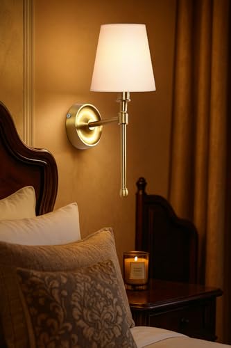Image of AKWAY Antique Brass Finish Wall Lamps for Living Rooms with Bamboo Shade | Rattan and Cane Wall Lights for Bedroom | Wicker Wall scones - (Fabric Conical - Devika)