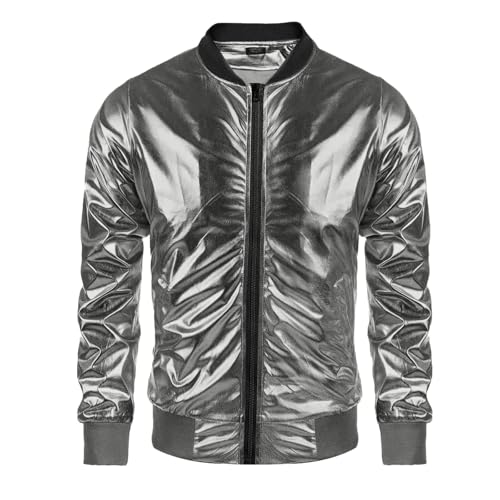 Generisch 2025 Chaqueta casual para hombre Brillante Metálica Disco Fiesta Béisbol Cremallera Abrigo Ligero Cómodo Elegante Ropa Exterior Chaqueta Vaquera con Piel Hombre, plata, M
