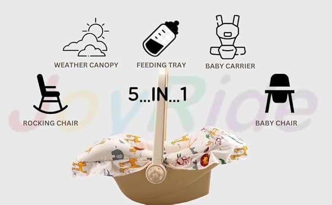 BabyGo 5 in 1 DLX Baby Carry Cot & Rocking Chair with Adjustable Handle | Large Canopy | Safety Lap Belt | Anti-Mosquito Net | Double Cushioned, Comfortable and Washable Seat - Plastic (Beige) - Image 2 thumbnail