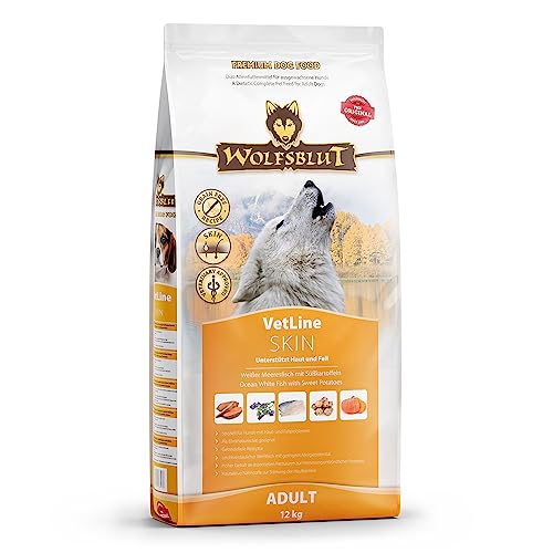 WOLFSBLUT – VetLine Skin | Diät Trockenfutter für ausgewachsene Hunde mit Haut- und Fellproblemen. Getreidefreies Alleinfutter im Beutel | 12kg Weißer Meeresfisch mit Süßkartoffeln