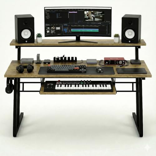 Image of FFO Music Studio Desk | Music Studio Desk with Keyboard Tray | Workstation,Laptop PC Computer, Music Instrument Table for Music Producers | (120L x 60W x 100H CM) | DIY - Brown