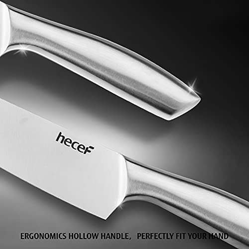 hecef Silver Kitchen knife set of 5, Satin Finish Blade with Hollow Handle, includes 8" Chef, 8" Bread, 8" Santoku, 5" Utility and 3.5" paring knife