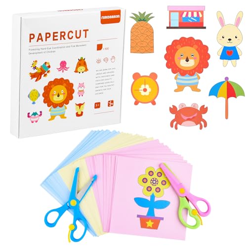 ASTARON 2 ciseaux de sécurité pour enfants avec 100 pièces pour découper le papier pour les fournitures de bricolage, ciseaux d'apprentissage pour enfants,...
