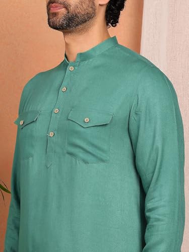 Image of See Designs Men's Full Sleeve Mandarin Collar Viscose Rayon Solid Pathani Set