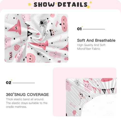 Image of Pfrewn Cute Halloween Crib Sheets for Girls Cute Pink Ghosts Pumpkin Fitted Crib Sheet for Mini Crib Mattress Stretch Soft Toddler Baby Playard Sheet, 39x27x5IN