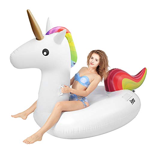 femor Riesiges Aufblasbar Einhorn Schwimmtier, Einhorn Pool, Luftmatratzen, Aufblasbar Schwimmen Floß, Schwebebett für 1-3 Personen, Insel für Pool (M)