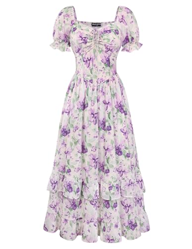 Image of Scarlet Darkness Women Floral Maxi Dress Puff Sleeve Tea Party Corset Dress | Pockets, Ruched Bust, Ruffled Hem, for Cottagecore Fairy Milkmaid Vacation