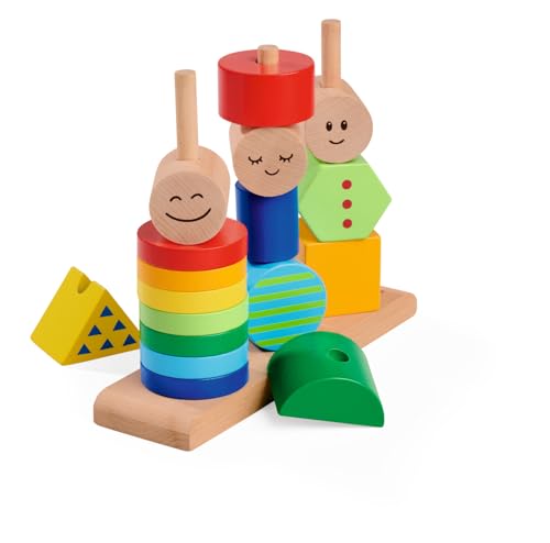 Eichhorn Figuren Steckspiel - Motorikspielzeug mit 18 Teilen, fröhliche Farben und Formen zum Stecken auf Wippe, fördert Kreativität und Koordination, aus Buchenholz, bunt, ab 1 Jahr