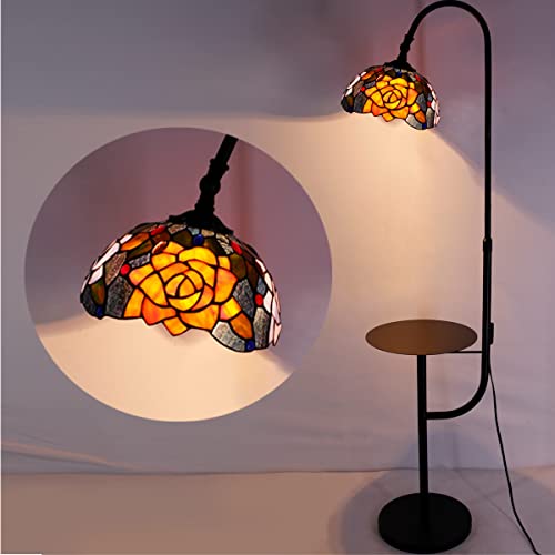 Avivadirect Tiffany Floor Lamp With Storage Shelves End Table Stained Glass Red Rose Arched Gooseneck Style Reading Light Angle Adjustable W10H70 Inch Decor Home Living Room Bedroom Office #TOP3