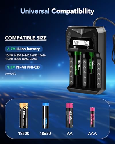 18650 Battery Charger, WAVYPO 2 Bays Smart Universal Charger with LCD Display for Rechargeable Batteries 21700 Li-ion LiFePO4 IMR AA AAA Ni-MH Ni-Cd - image 3