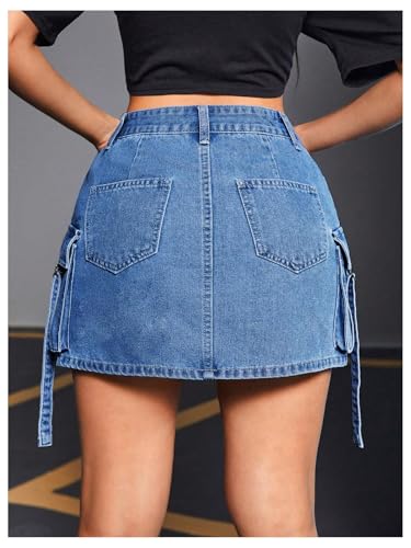 MakeMeChic Women's Denim Skirt Button Y2k Mini Cargo Jean Skirts with Flap Pocket2