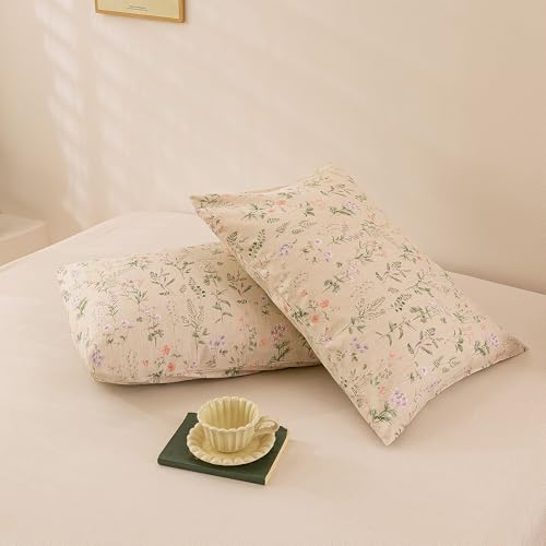 Image of ECOCOTT Floral Pillowcases Standard Size Set of 2, 100% Washed Cotton Pillow Cases with Envelope Closure, Beige Botanical Wildflower Printed Pillow Covers for Cottagecore Farmhouse Bedroom Decor