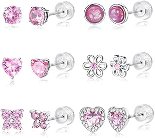 LOLIAS 6 Pairs Earrings Stud Set for Girls and Women Hypoallergenic CZ Heart Butterfly Flower Opal Stud Flat Back Earrings With 925 Sterling Silver Post