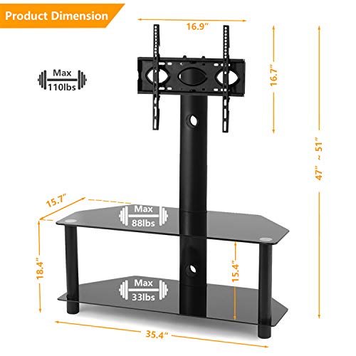 5Rcom Swivel Corner Floor TV Stand with Mount Bracket for 27 32 37 42 47 50 55 inch Plasma LCD LED Flat or Curved Screens TVs 2 Tier Tempered Glass Shelves for Media Storage,Weight Capacity 110lbs - Thumbnail 2