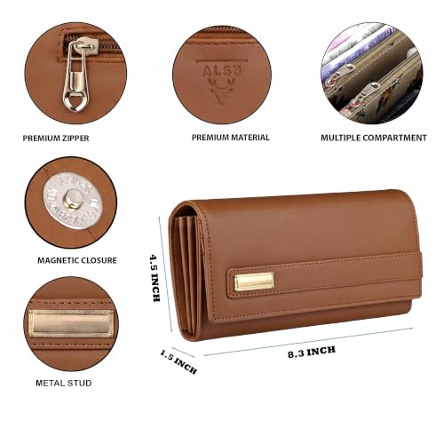 Image of ALSU Women's Hand Wallet Purse Clutch | Phone Pocket | Coin Compartment | Credit Card Slots| Zipper Pocket| Office use| Casual use| Faux Leather (Tan)