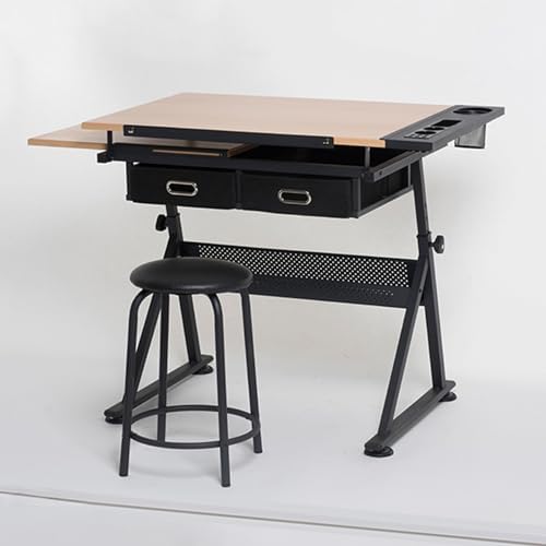 Drawing Tilting Tablet,Adjustable Drafting Table & Stool Set w/Stool and 2 Storage Drawers, 80° Tiltable Tabletop MDF Versatile Art Desk for Home Office, Art Studio, or Craft Room, Wood