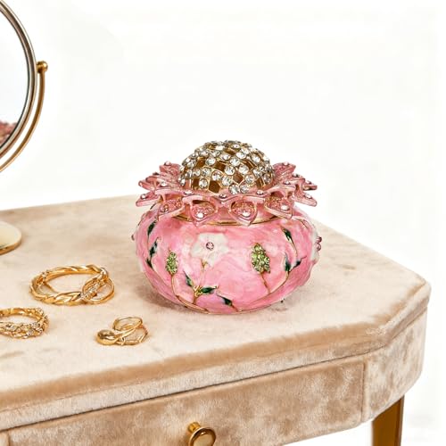 SEVENBEES Pink Enamel Sunflower Jewelry Box with Rhinestones - Exquisite Decorative Floral Trinket Box Storage for Trinkets & Gifts for Jewelry Lovers Christmas Decorations